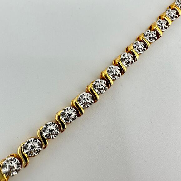 Real Diamond Chip Prime Art & Jewel Gold Plated Two Tone Tennis 7” Bracelet - Picture 6 of 9